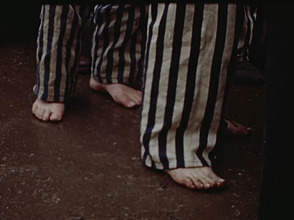 The bare feet of prisoners in striped pants at the Dachau concentration camp in Germany, after American forces liberated it
