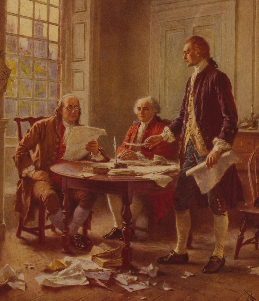 Illustration of Thomas Jefferson, Benjamin Franklin, and John Adams reviewing a draft of the Declaration of Independence. Jean Leon Gerome Ferris, artist. Library of Congress Prints and Photographs Division.