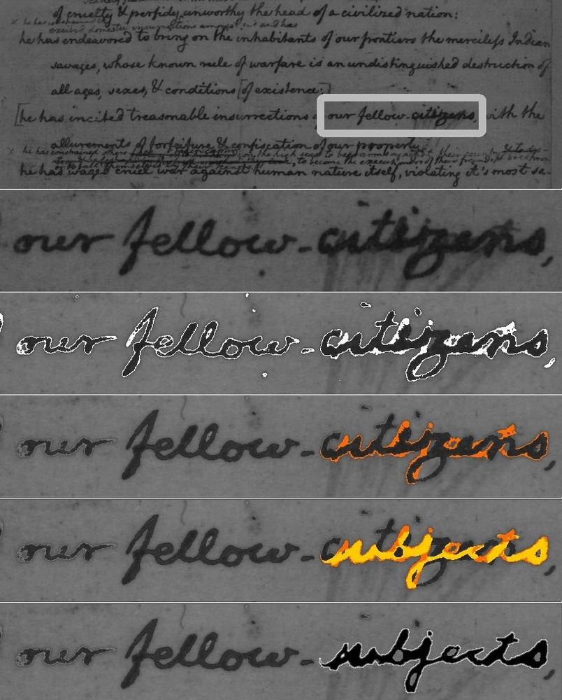 Depiction of image processing steps taken to reveal that, in a draft of the Declaration of Independence, an instance of the word "citizens" originally said "subjects."