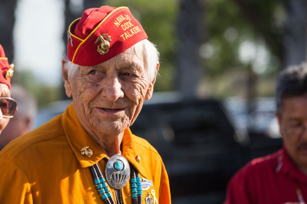 Navajo Code Talker Roy Hawthorn, a native of Lupton, Arizona, speaks to a group of Marines during a visit to Marine Corps Base Camp Pendleton, Calif., Sept. 28, 2015. U.S. Marine Corps photo by Lance Cpl. Adrianna R. Lincoln.