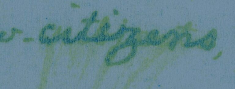 Close up of the word "citizens" in a draft of the Declaration of Independence, which is visibly smudged