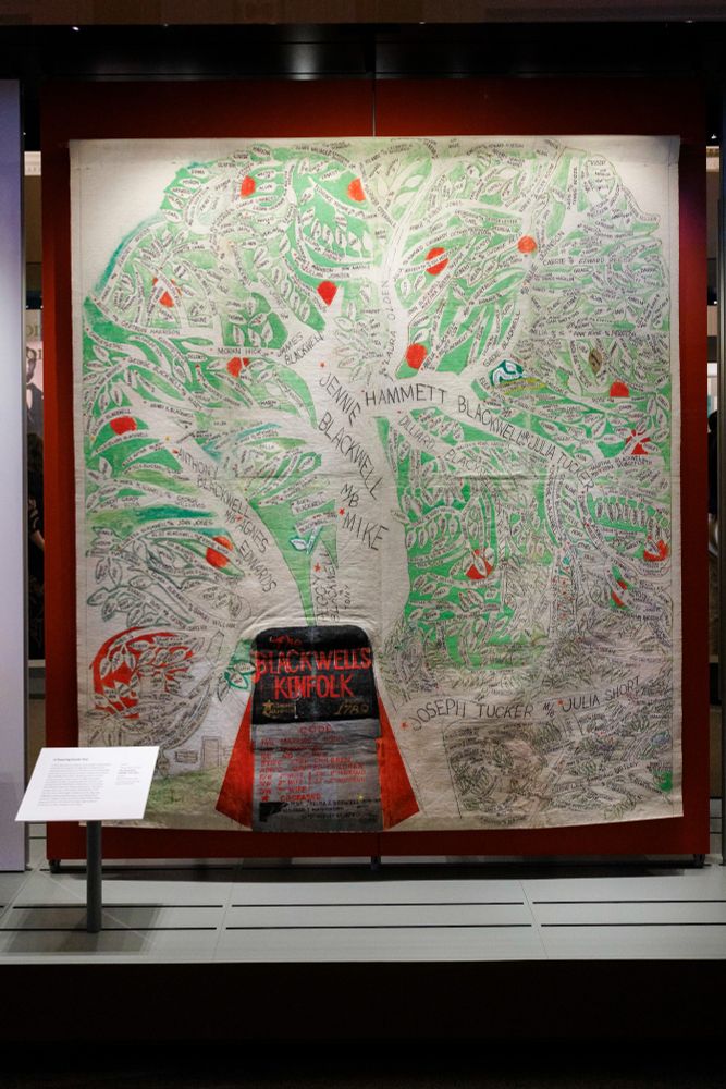 The Blackwell's Kinfolk Family Tree, a sprawling illustrated family tree with names written on leaves, hangs at the Library.