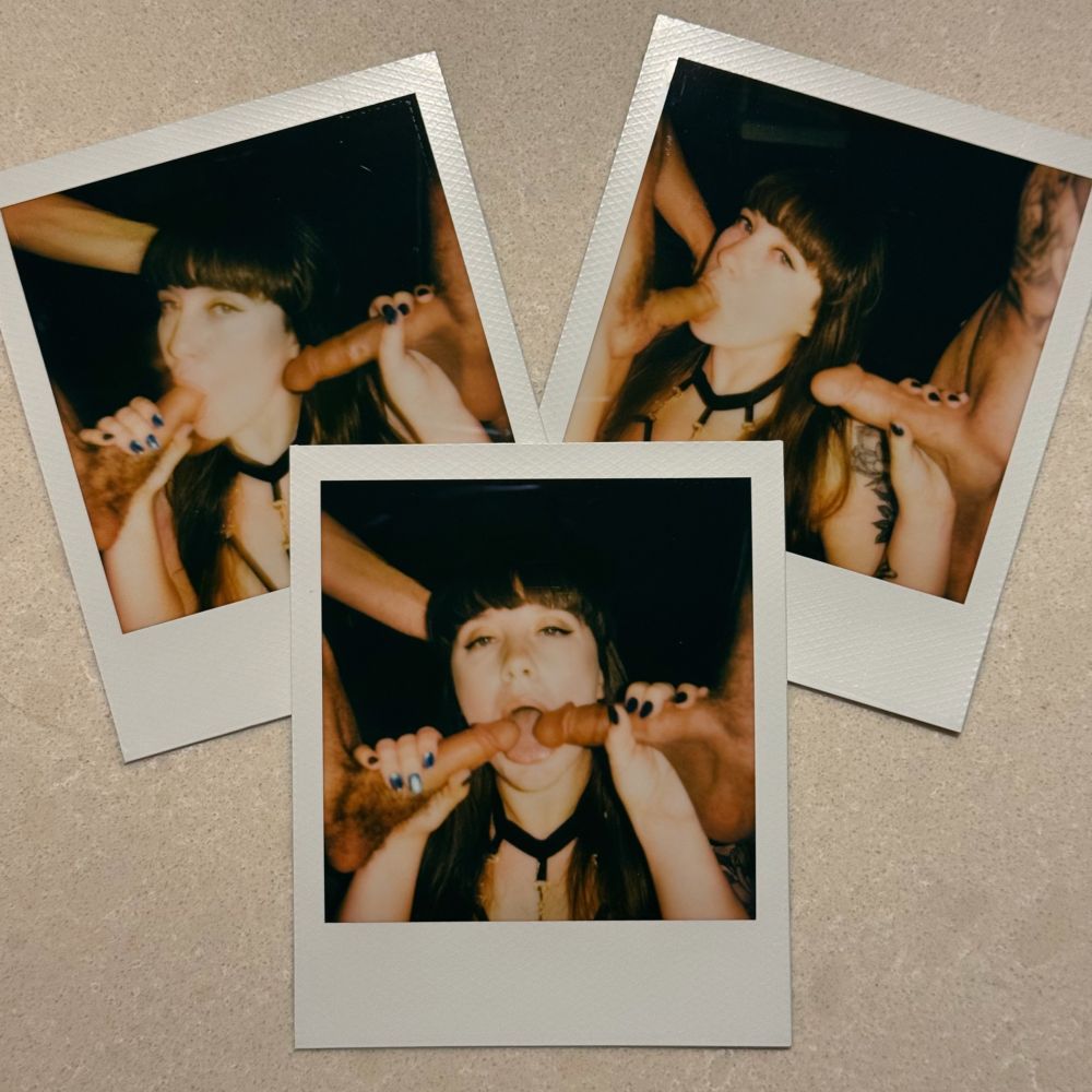3 Polaroid photos of Lady Licentious blowing 4 different cocks 