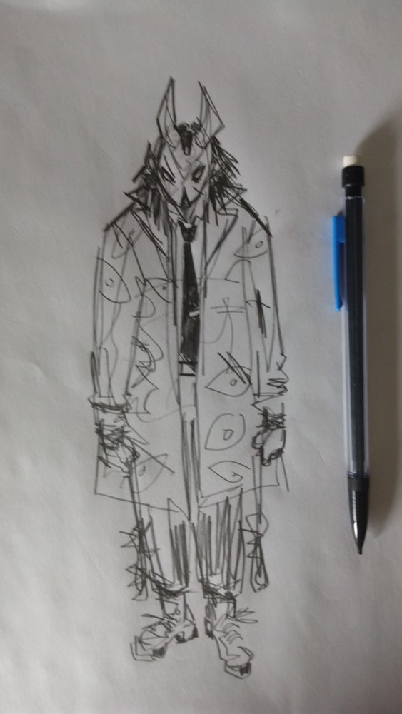 person in a trenchcoat covered with eyes over a clipped tie, slacks, big pants and boots. she's got flail like items wrapped around and hanging from each wrist and wears a horned, partially split mask with menacing eyes from which dark hair protrudes. mechanical pencil beside 