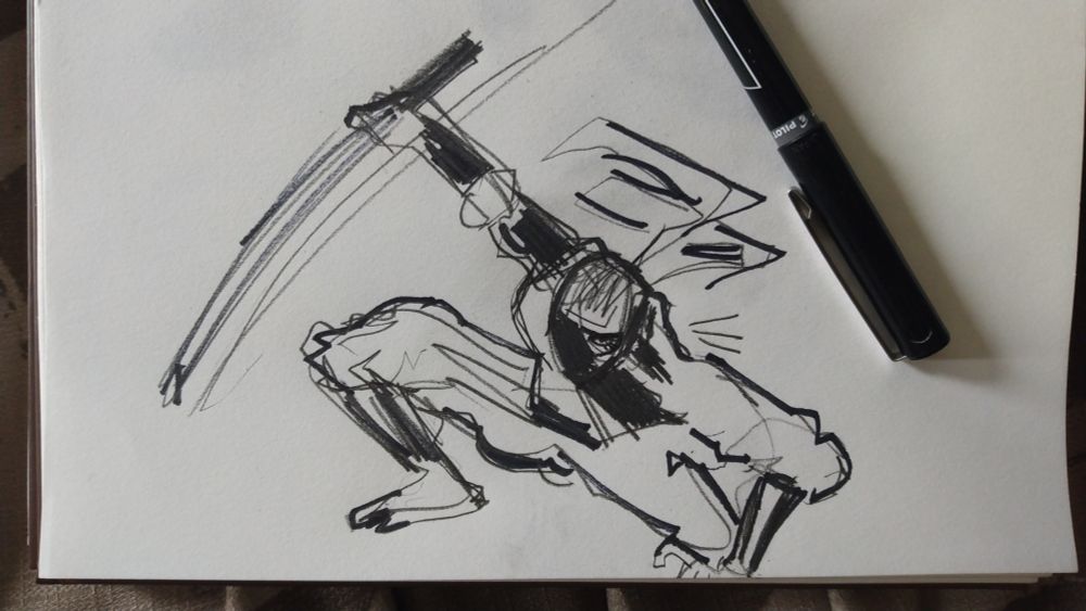 pencil and ink drawing of a crouching ninja wielding a katana 