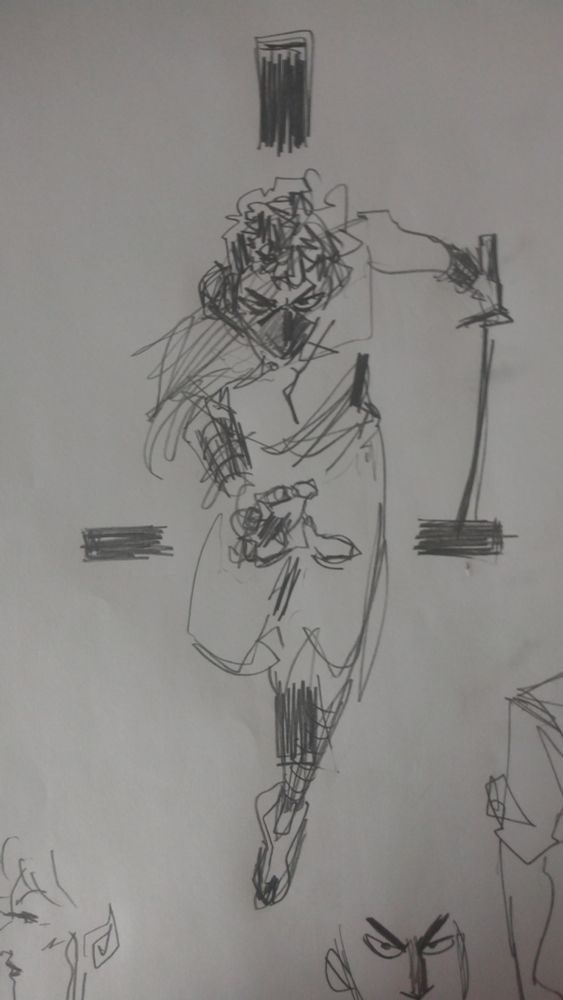 a masked ninja with a curly broccoli head haircut reaching out toward the viewer with a sword in his offhand, juxtaposed against an inverted cross 