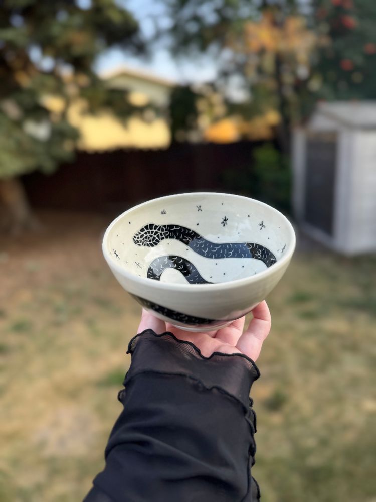 A bowl held aloft at an angle so that part of the interior and exterior are visible. The interior has a painted snake that curls along the walls with painted stars surrounding it. The exterior has a streak of black emulating the snakes body. 