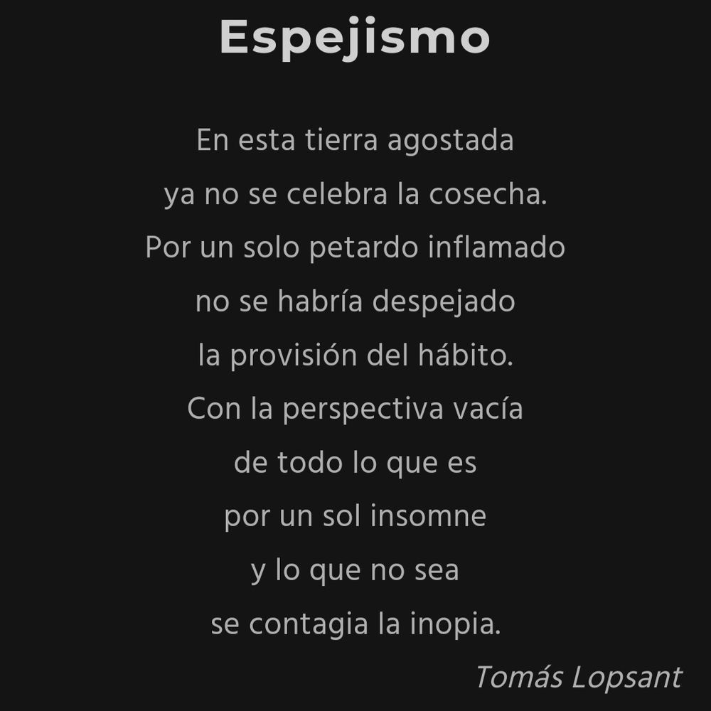 .Espejismo.

En esta tierra agostada
ya no se celebra la cosecha.
Por un solo petardo inflamado
no se habría despejado
la provisión del hábito.
Con la perspectiva vacía
de todo lo que es
por un sol insomne
y lo que no sea
se contagia la inopia.

-Tomás Lopsant