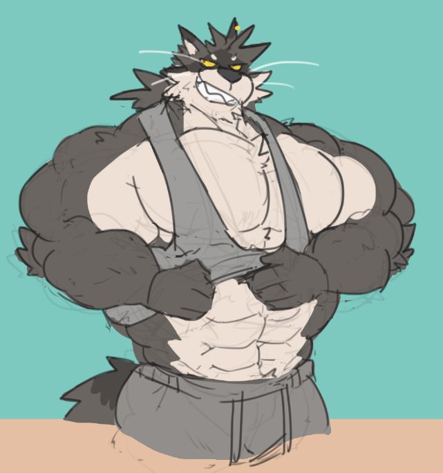 raccoon Hare in muscular shape tugging his tank top up, showing his abs