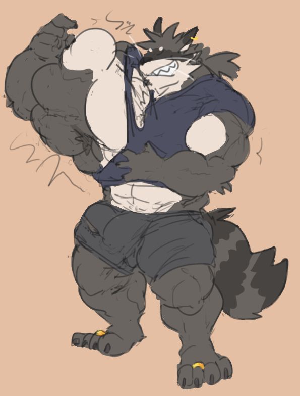 raccoon Hare with huge massive muscular right arm tearing his shirt from flexing it