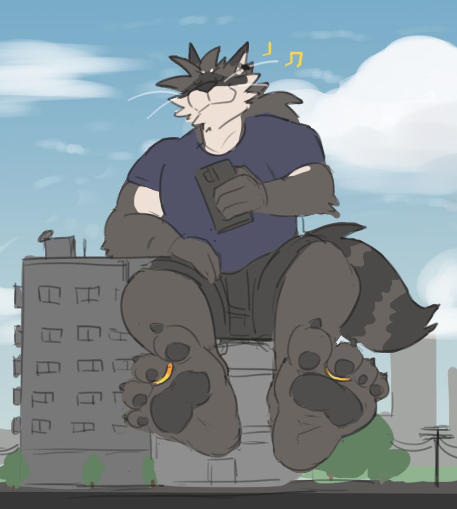 racoon Hare in macro size sitting on a building listening to a music