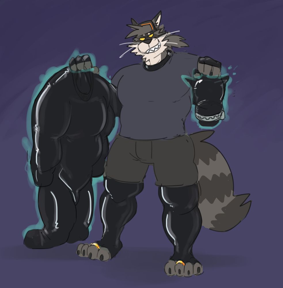 raccoon Hare in the casual wear with latex suit under, grinning deviously while holding a latex body suit and a mask with a zipper that have ghostly teal aura around them