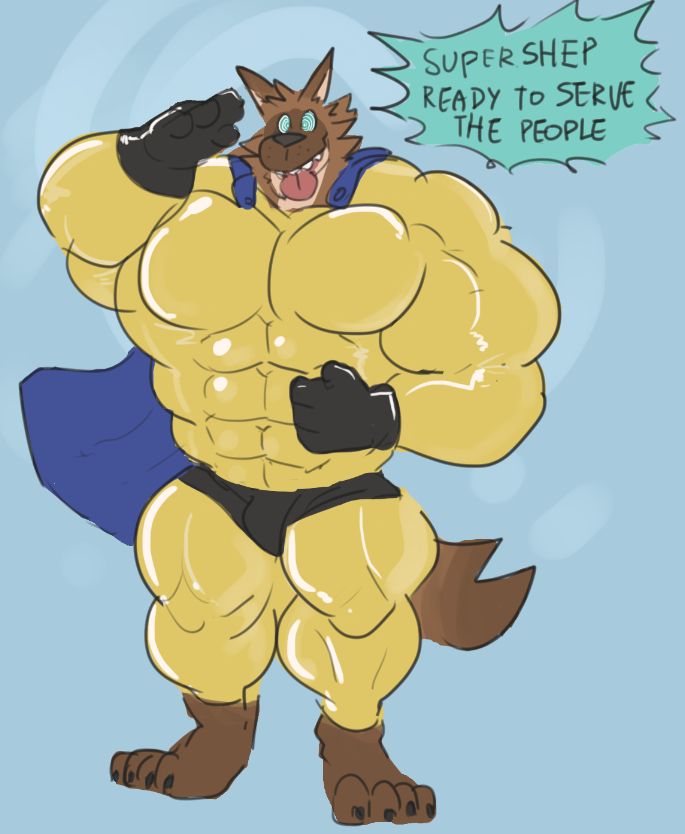 an anthromorphic german shepherd in a muscular build and a hero suit striking herioc pose while being hypnotizing 