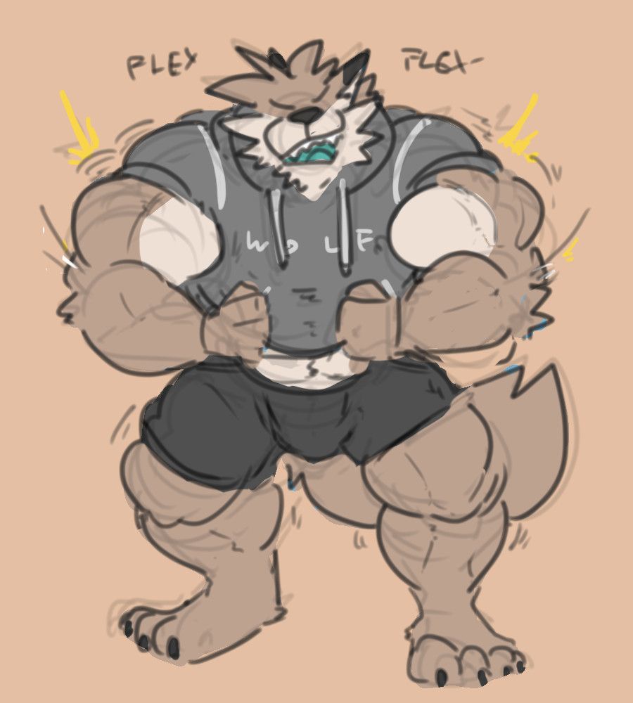 wolf Hare with muscular build , posing a flex