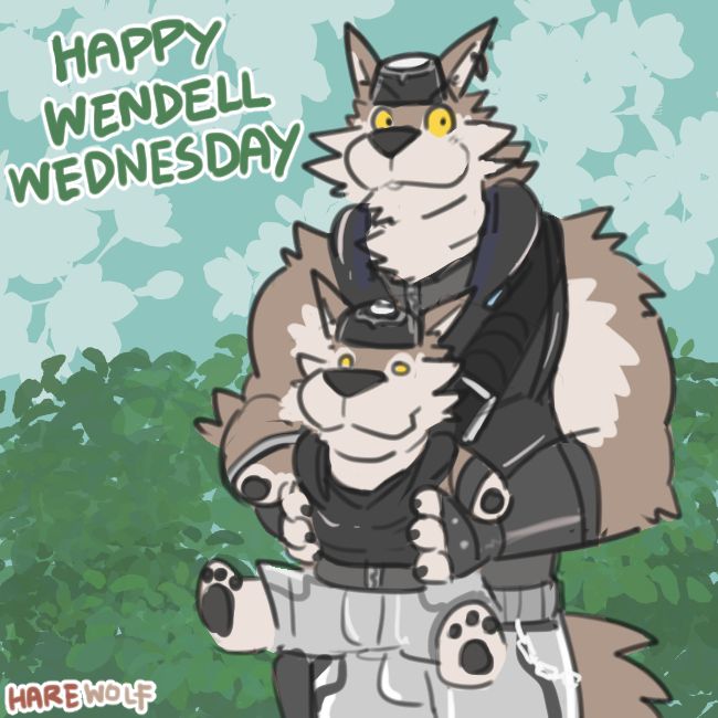 Wendell holding a plushie of himself, with the text Happy Wendell Wednesday