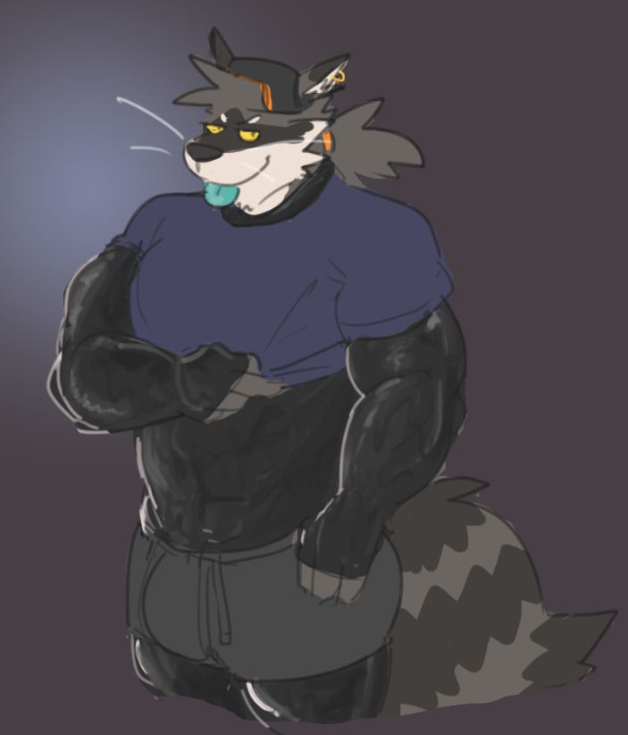 raccoon Hare pulling up his shirt, showing off more of his latex suit under his cloth