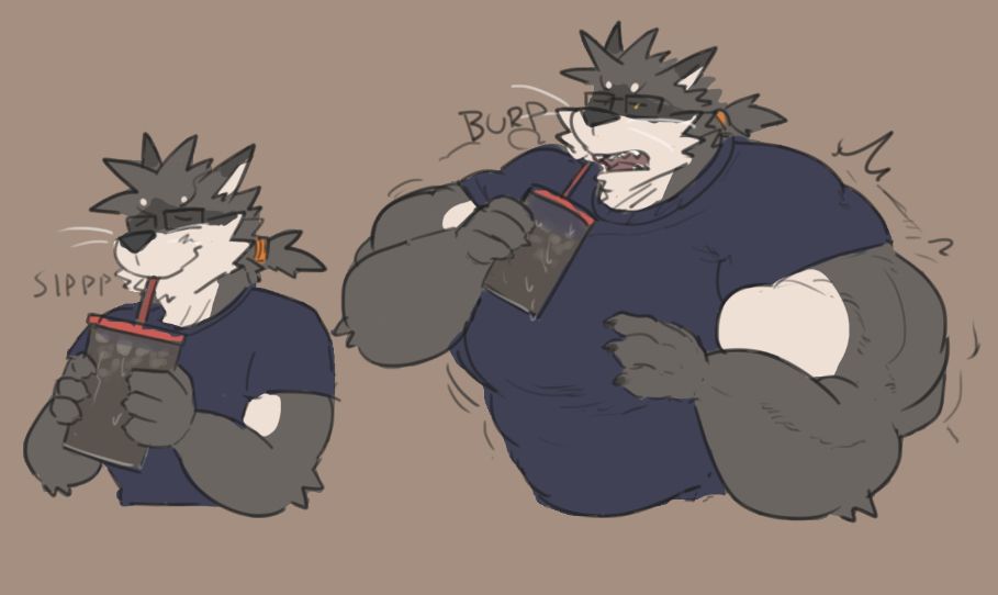 raccoon Hare sipping a drink then growing more muscular from it