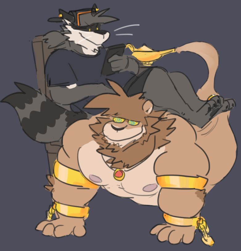 raccoon Hare sitting and leg up on the back of hypnotized genie Kazak