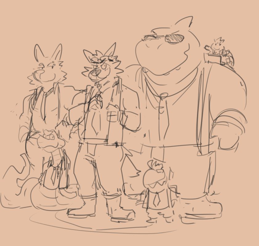 sketch of character from The Bad Guys. Diane, Mr. Wolf, Mr. Snake, Mr. Piranha, Mr. Shark and Ms. Tarantula
