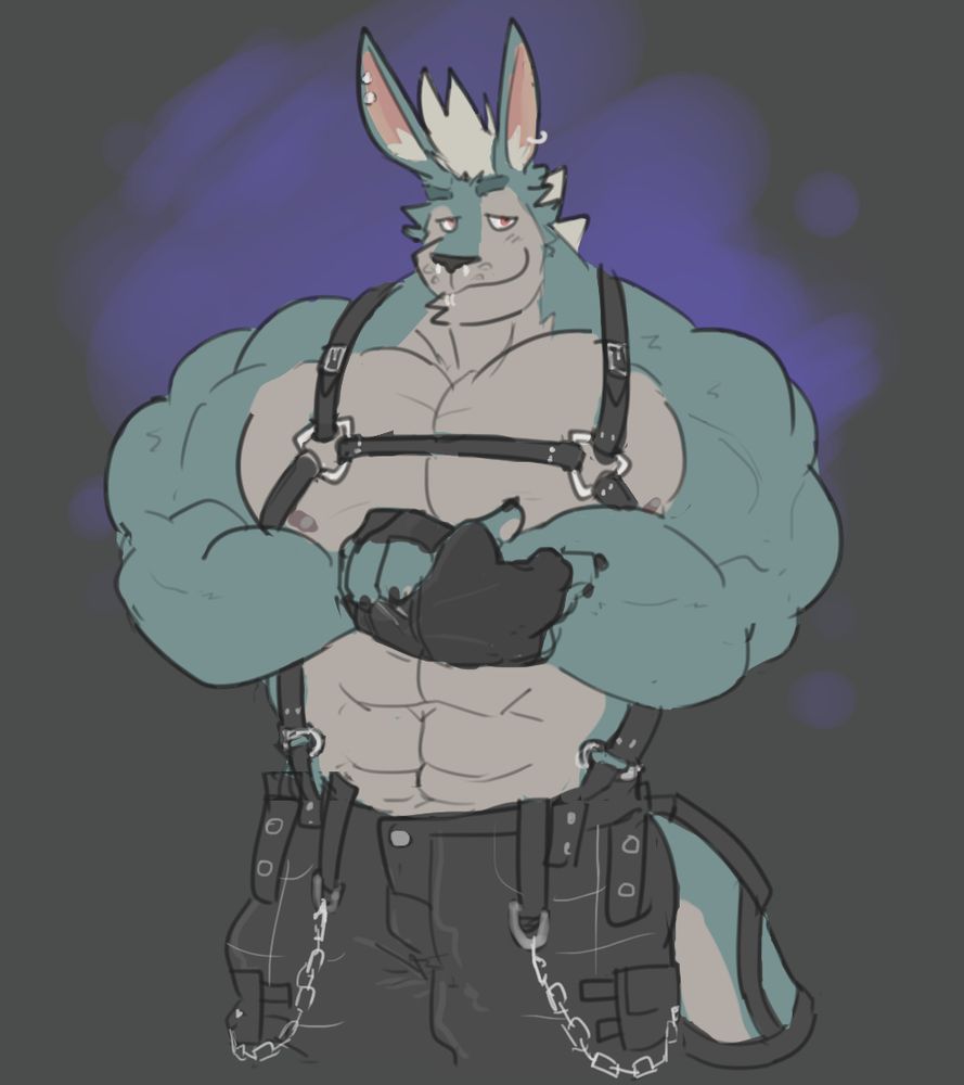 Rupert in a harness and tripp pants, while adjusting his glove