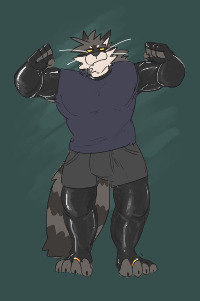 raccoon Hare making a flexing pose with latex suit underneath his clothing