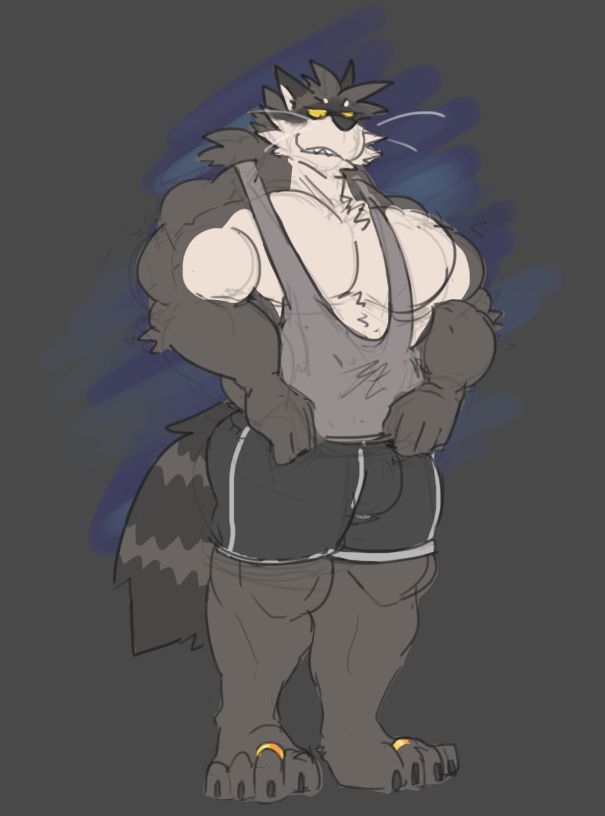 raccoon Hare in bulky shapes doing a chest flex pose