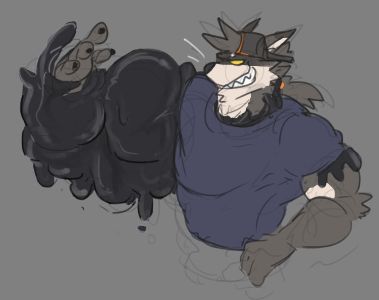raccoon Hare with black latex goop cover most of his right arm, making it look big muscular