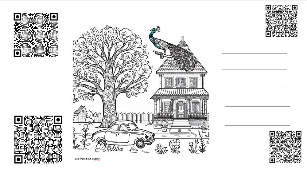 Arbeitsblatt mit einem mit bing erstellten Malbild und 4 QR-Codes. Die 4 Aufgeben lauten: Male das Auto gelb an. Male den Zaun braun. Schreibe Wörter auf die Linien von Dingen, die du auf dem Bild siehst und lies deine Wörter einem Kind in der Klasse vor.