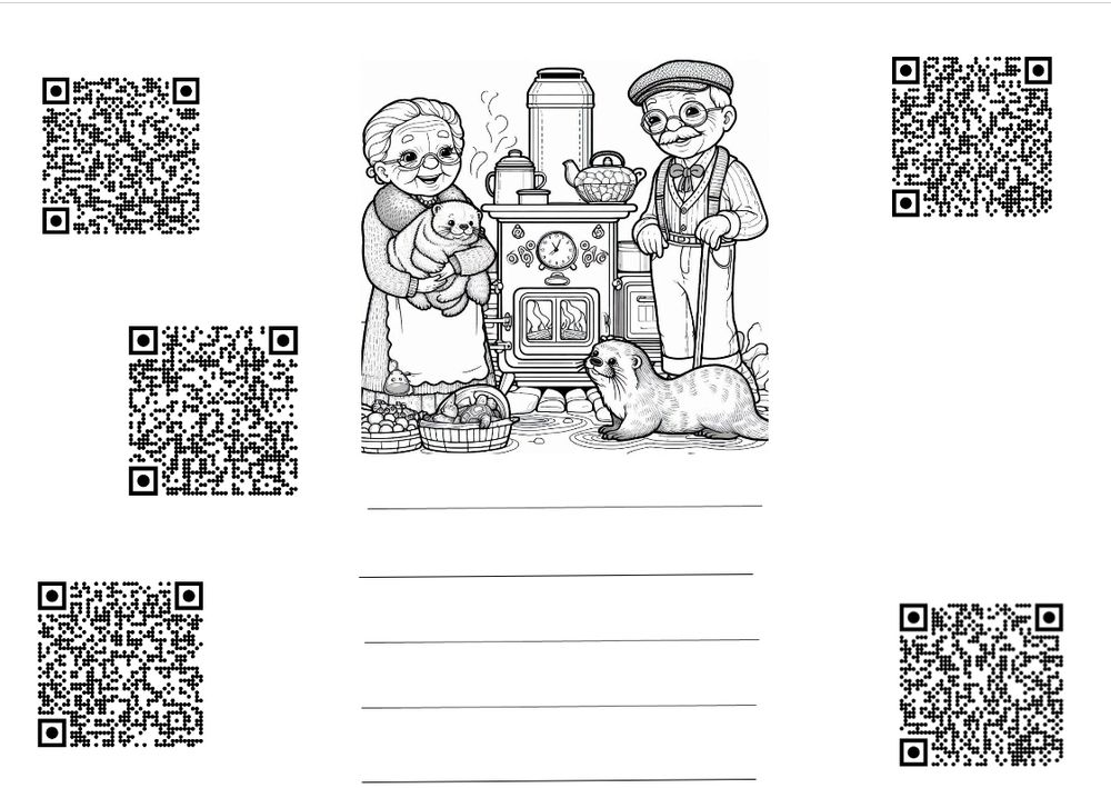 Arbeitsblatt mit KI generiertem Ausmalbild 5 Linien und 5 QR-Codes.