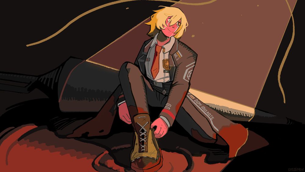 Don Quixote tying Rocinante, as shes crying, getting ready for another adventure as a golden spotlight falls upon her. Within a pool of blood, spear to the ground.