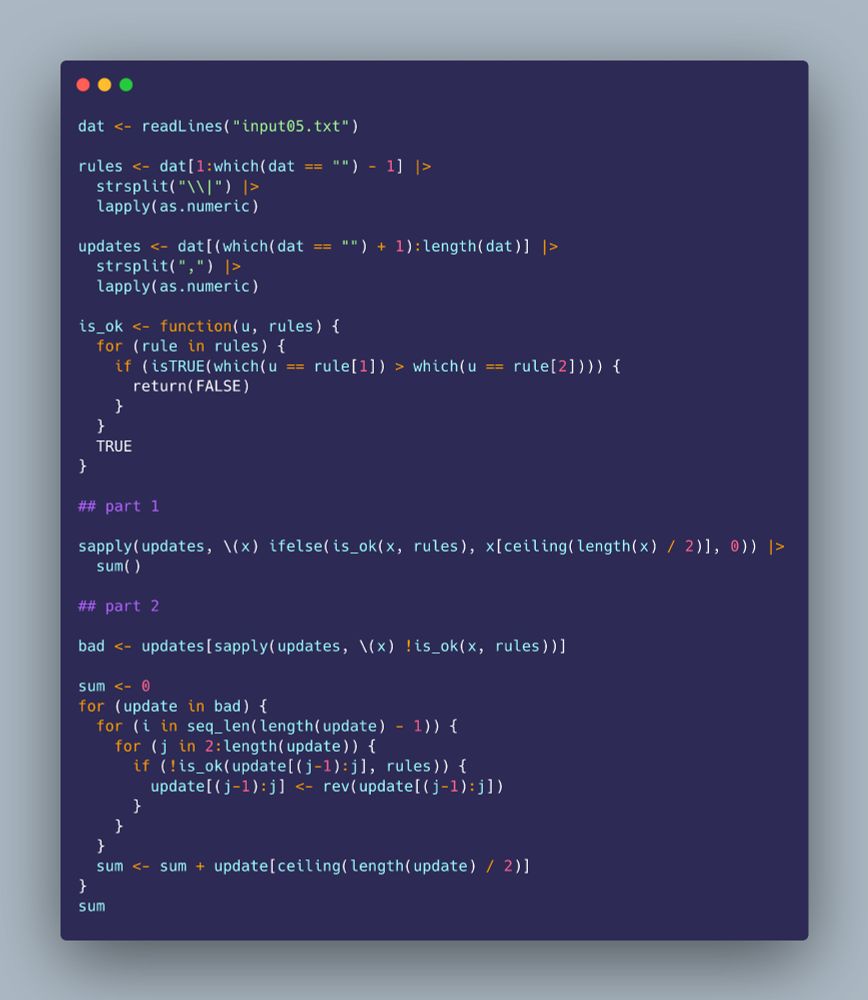 Screenshot of the following R code:
dat <- readLines("input05.txt")

rules <- dat[1:which(dat == "") - 1] |>
  strsplit("\\|") |>
  lapply(as.numeric)

updates <- dat[(which(dat == "") + 1):length(dat)] |>
  strsplit(",") |>
  lapply(as.numeric)

is_ok <- function(u, rules) {
  for (rule in rules) {
    if (isTRUE(which(u == rule[1]) > which(u == rule[2]))) {
      return(FALSE)
    }
  }
  TRUE
}

## part 1

sapply(updates, \(x) ifelse(is_ok(x, rules), x[ceiling(length(x) / 2)], 0)) |>
  sum()

## part 2

bad <- updates[sapply(updates, \(x) !is_ok(x, rules))]

sum <- 0
for (update in bad) {
  for (i in seq_len(length(update) - 1)) {
    for (j in 2:length(update)) {
      if (!is_ok(update[(j-1):j], rules)) {
        update[(j-1):j] <- rev(update[(j-1):j])
      }
    }
  }
  sum <- sum + update[ceiling(length(update) / 2)]
}
sum
