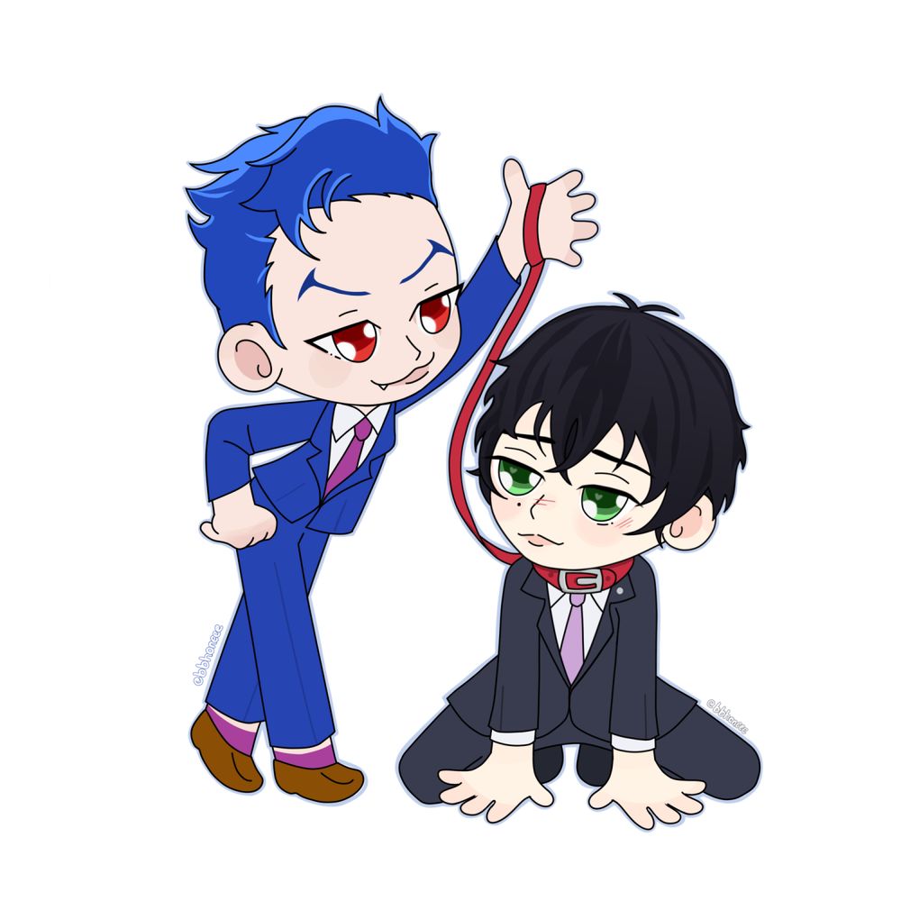 chibi art of adam and tadashi from sk8 - adam has tadashi on a dog lead