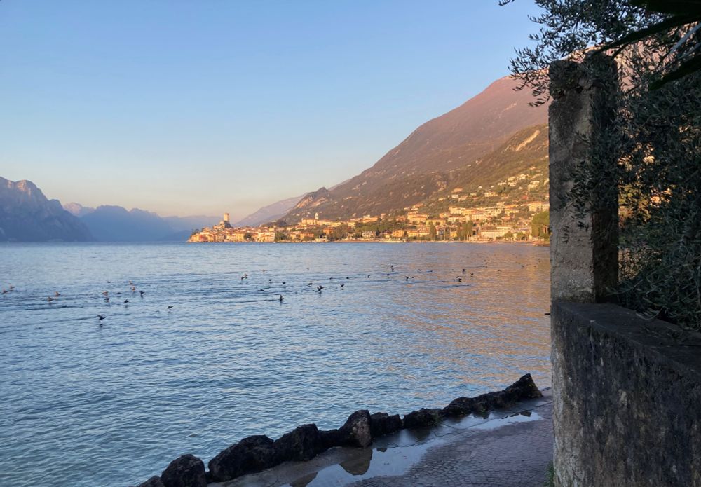 Malcesine in der Nachmittagssonne von Sopri aus.
