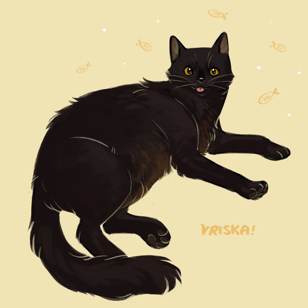 A painting of a black cat with yellow eyes.