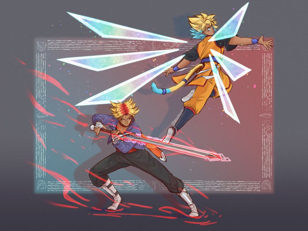 Digital drawing of Trunks and Goten in forms similar to Super Saiyan, with red and blue respectively accenting the gold of their hair.
Trunks holds his sword steady with feet firmly rooted to the ground, red ki engulfing the blade. His eyes are focused as he grits his teeth.
Goten soars in the air with arms outstretched and one leg up, six iridescent wing-like ki apparitions spread behind him. There's a playful, confident glint in his eyes.