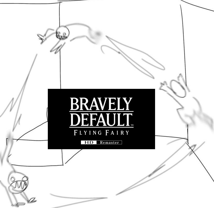Meme drawing of a feral looking character running and jumping around a room. In the middle is Bravely Default Flying Fairy HD Remaster.