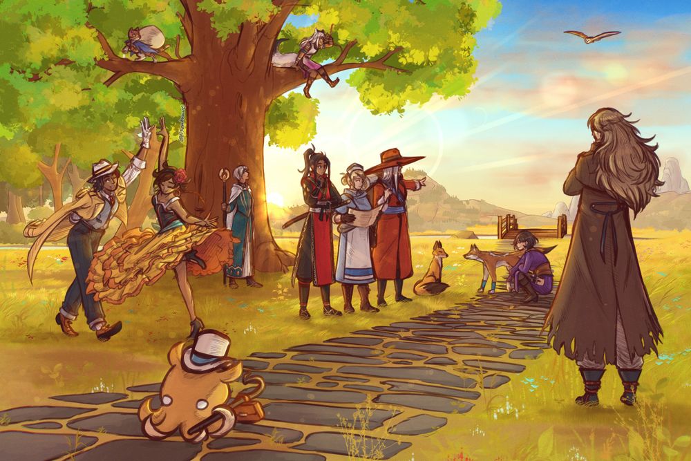 Digital art of the sweeping landscape of the Brightlands as the sun begins to rise above the mountains on the horizon while Mahina flies through the brightening sky.
Hikari and Castti stand next to Deneb, who is gesturing beyond the bridge in the distance, with the friendly fox sitting at their side, looking at Akalā and Throné.
Temenos stands at the base of a large tree, glancing up at Ochette who sits on one of its branches for a higher vantage point. Agnea is performing a twirl, and bringing Partitio into it. Osvald hangs back from the rest of the group, observing.
Out of everyone's sights, a crafty cait sneaks off from behind the tree, and an octopuff makes its way down the cobbled path.