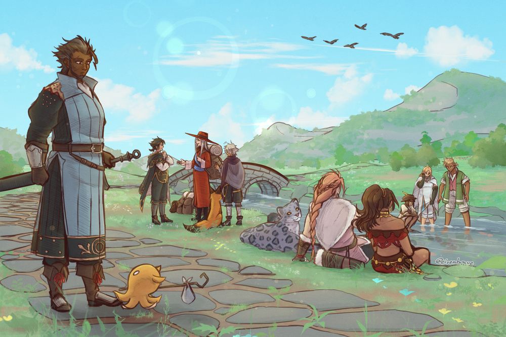 Digital art of the rolling fields of the Riverlands, some birds soar above.
Alfyn, Ophilia, and Tressa are standing in the river. Alfyn seems ready to try catching fish while Ophilia and Tressa watch.
On the riverbank, Primrose and H'aanit sit together, with Linde close by.
Cyrus is conversing with Deneb, Tressa's bag and Alfyn's satchel next to them. Cyrus is so engrossed in the conversation that he has failed to notice Therion attempting to steal something from Deneb. Thankfully, the friendly fox noticed, and tugs at Therion's scarf.
On the path, an Octopuff has Olberic's attention as it taps at his foot. He looks down at it in mild confusion.