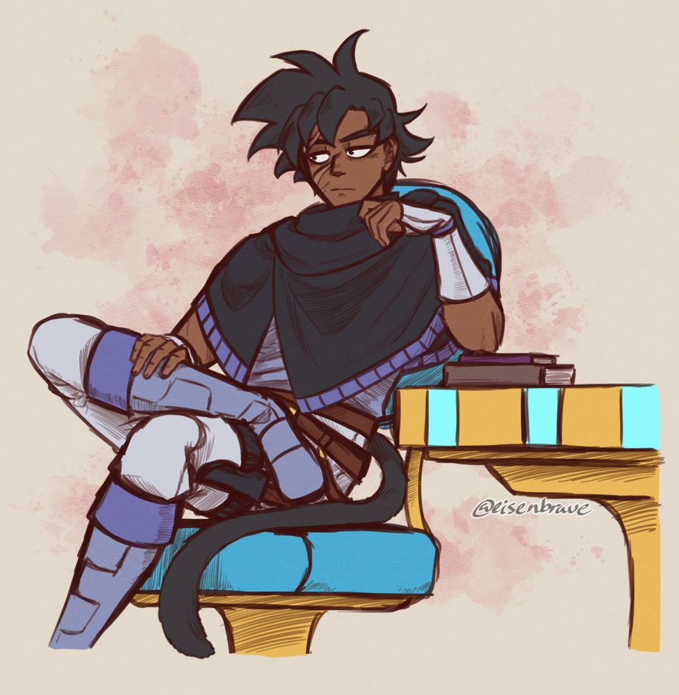 Flat colour drawing of Turles, sitting on a chair and leaning his left elbow on books stacked on a table with his tail curled around and draped next to his legs.
He has considerably shorter hair than his official design, and scars across the right side of his face. He wears a black shawl with a purple trim, a light purple sleeveless undershirt, white trousers with brown belts and purple boots. A combat knife rests sheathed on his left thigh.
