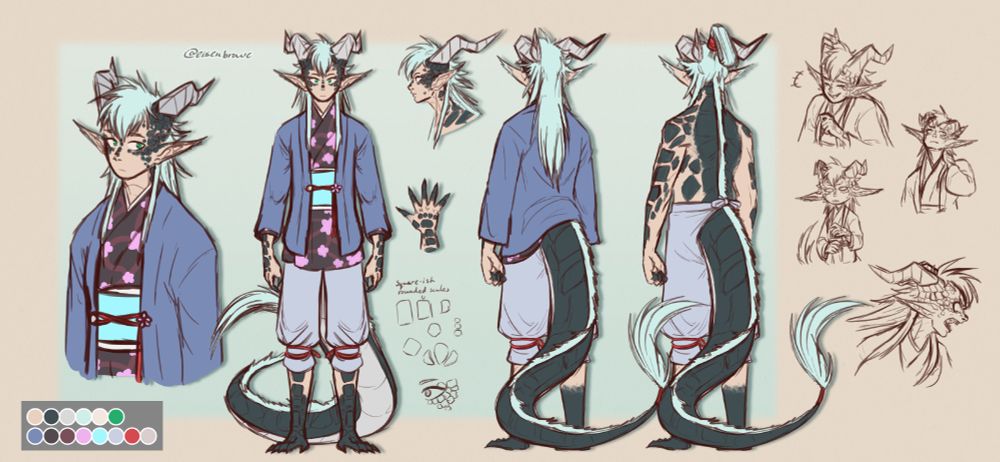 Reference sheet for Hei, human/dragon hybrid. They have icy blue hair, black scales, and silver horns. Their ears are long and pointed, clawed hands and feet, and a long tail with their clothes designed to accommodate it.
