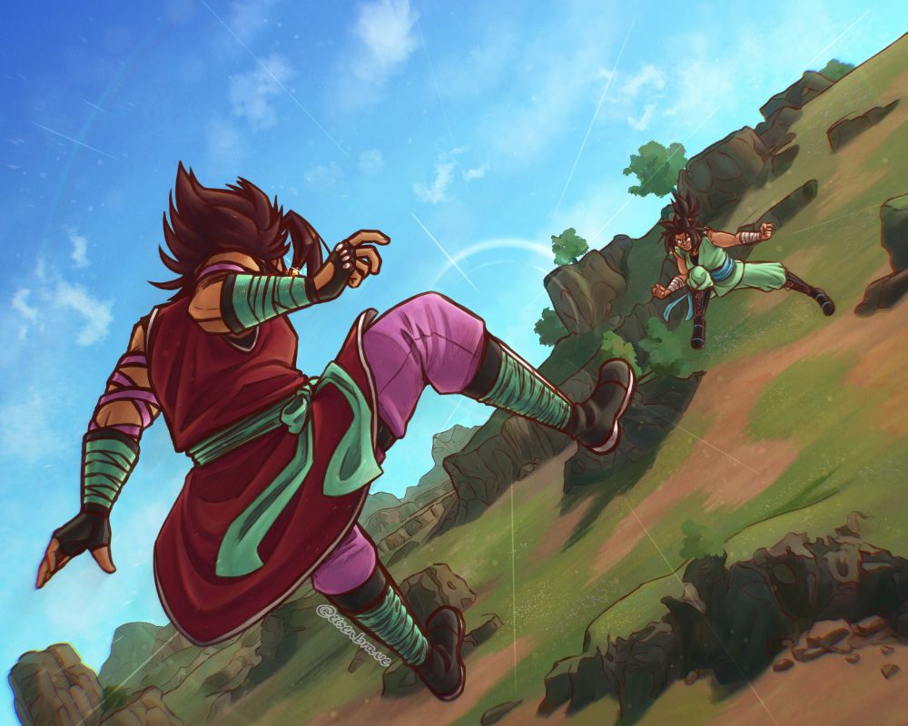 Digital drawing of Vegito and Kefla, fighting untransformed amidst grassy plains. The deep blue sky stretches on above, only a few wispy clouds visible.
With some distance created between them from their strikes, Vegito is closest in the field of view, his back facing the onlooker. He holds his arms out and his back is arched forward as he prepares to charge in again. Kefla is futher away. Her body held in a similar position, with her arms outstretched and her hands balled into fists. Her expression is determined, excited, and perhaps mildly unhinged. Both of their Potara glimmer in the sunlight.