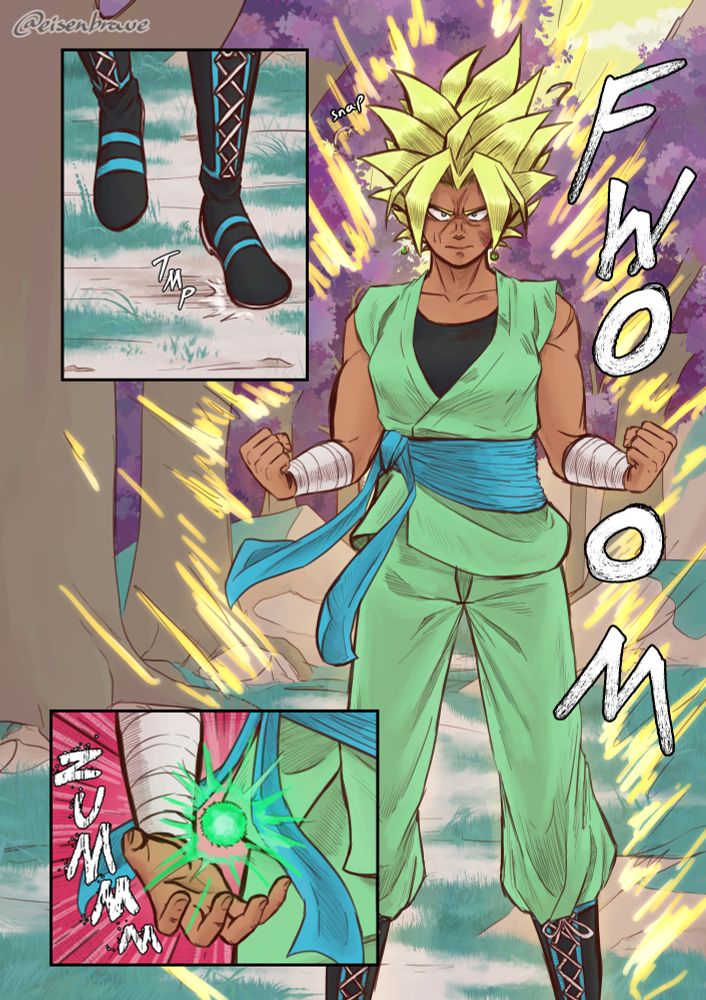 Kefla lands on her feet, no need for readjustment.
And finally, her ki erupts in golden light as she fully transforms into Super Saiyan. Her hairtie snaps from the force of it as her now golden hair shimmers.
She opens her palm, gathering ki of a green hue.