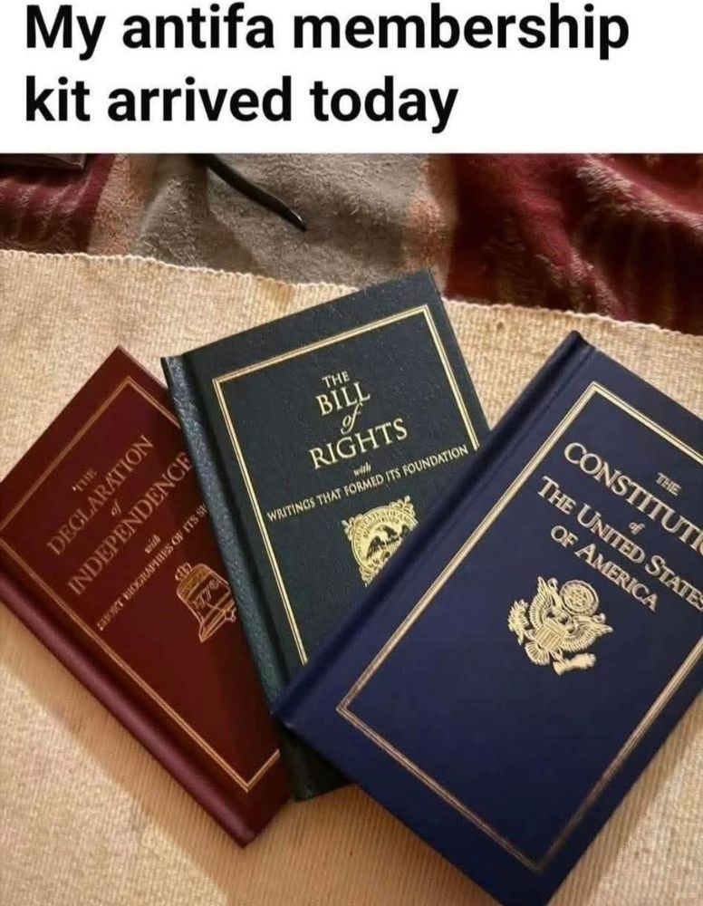 Pictures of three small hardbound copies of The Declaration of Independence, The Bill of Rights, and The Constitution of the United States.

Caption: "My antifa membership kit arrived today."