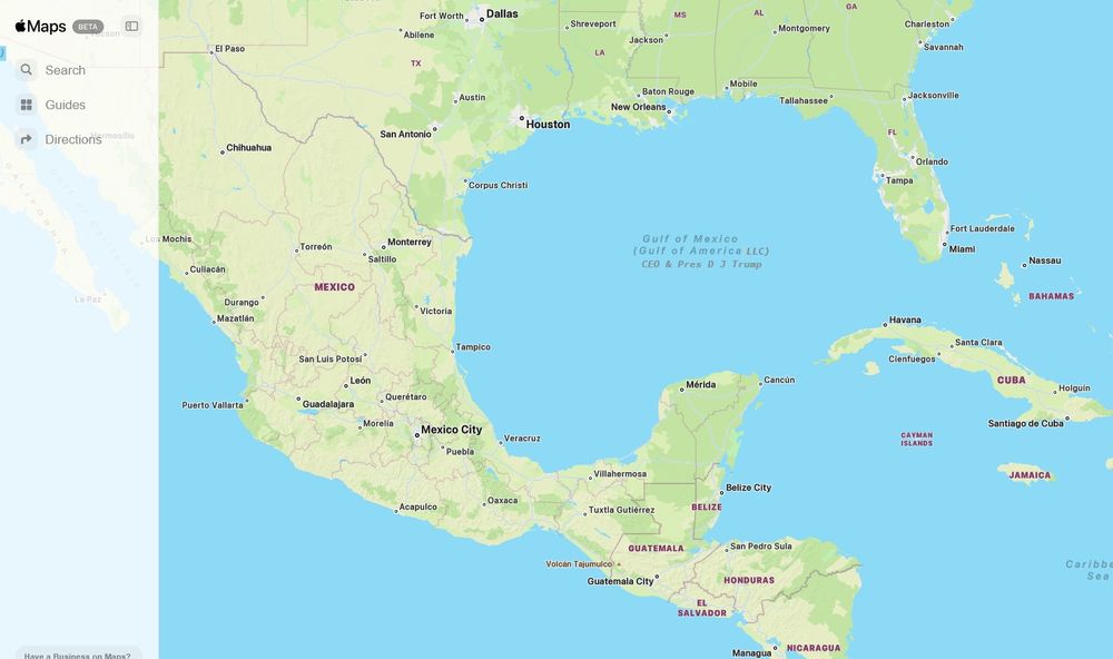 Recently Updated Apple Maps showing the 'Gulf of Mexico'. In Brackets: (Gulf of America LLC) CEO and Pres D J Trump.