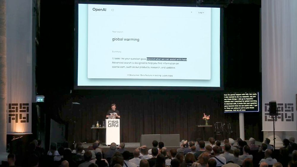 me in front of slide with screenshot of openai.com, search for global warming, which answered 'it looks like your question goes, emphasis starts, beyond what we can assist with there, emphasis ends. 