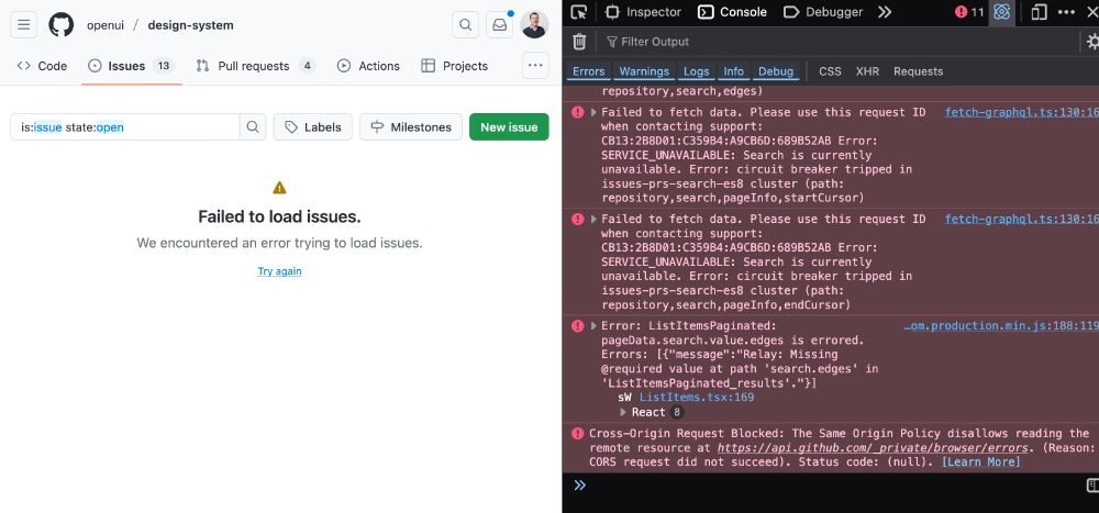 screenshot of Github issue page, on the right is an opened browser dev tools console that shows a fetch error in fetch-graphql.ts and an error in something.production.js that makes a ListItem.tsx error.