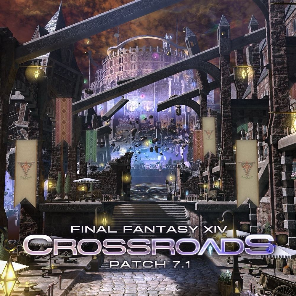 A screenshot from Final Fantasy 14's alliance raid Echoes of Vana'diel – Jeuno: The First Walk. A straight cobblestone road lies ahead with seating and streetlamps on the sides. Tapestries hang from the brick columns and a large circular structure towers ahead, with rubble floating in the air. Logo text reads Final Fantasy 14 Crossroads, Patch 7.1.