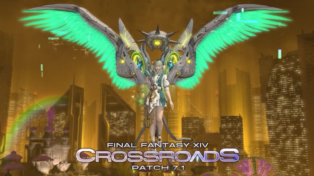 A screenshot from Final Fantasy 14 Patch 7.1. A female Au Ra with green hair is hovering in the air while sporting a large pair of robotic wings with glowing green feathers. In the background is a city basked in a golden glow. Logo reads Final Fantasy 14, Crossroads, Patch 7.1.