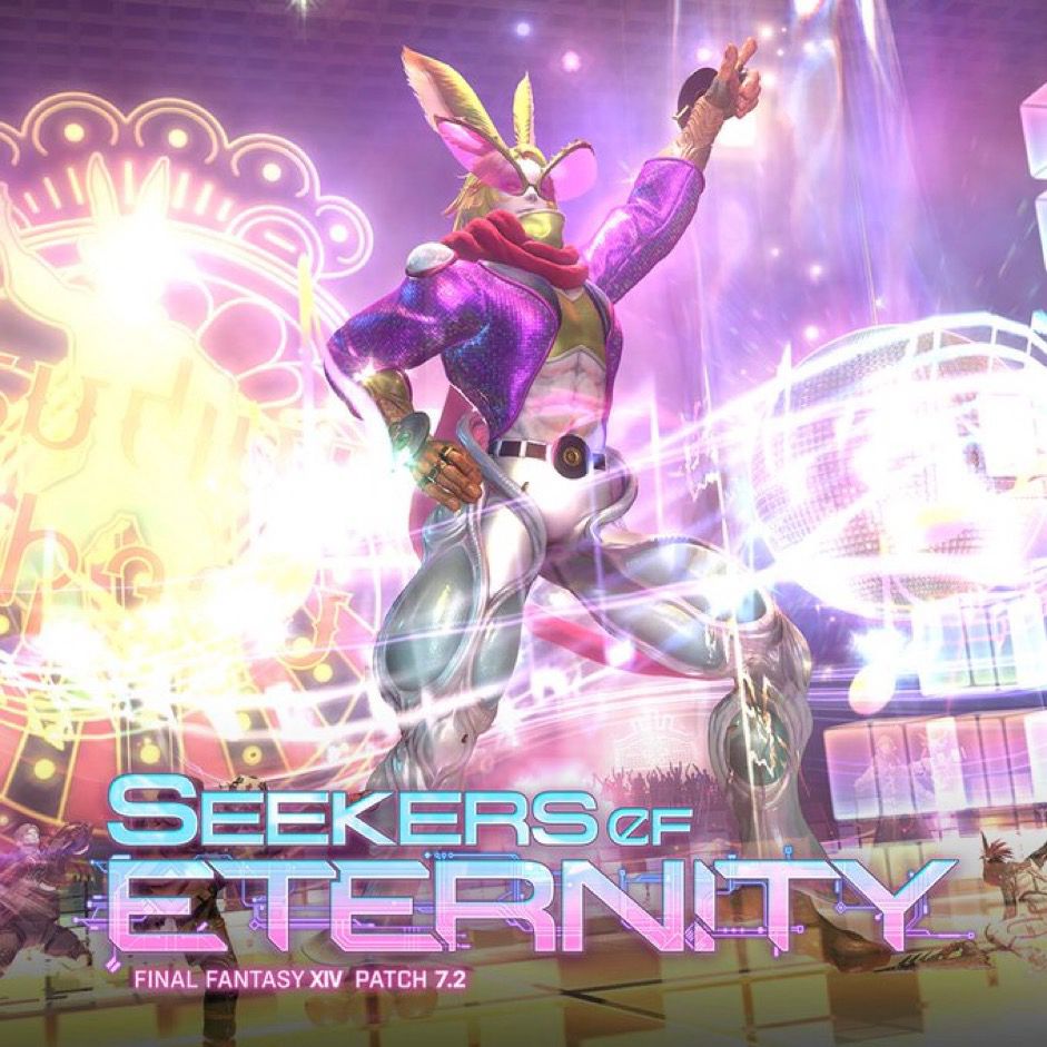 A screenshot from Final Fantasy 14 of Dancing Green, an upcoming opponent in the Arcadion: Cruiserweight Division, striking a dance pose. He is a Viera with long neon green hair, oversized visors, and a purple jacket. Logo at the bottom reads Seekers of Eternity: Final Fantasy 14 Patch 7.2.