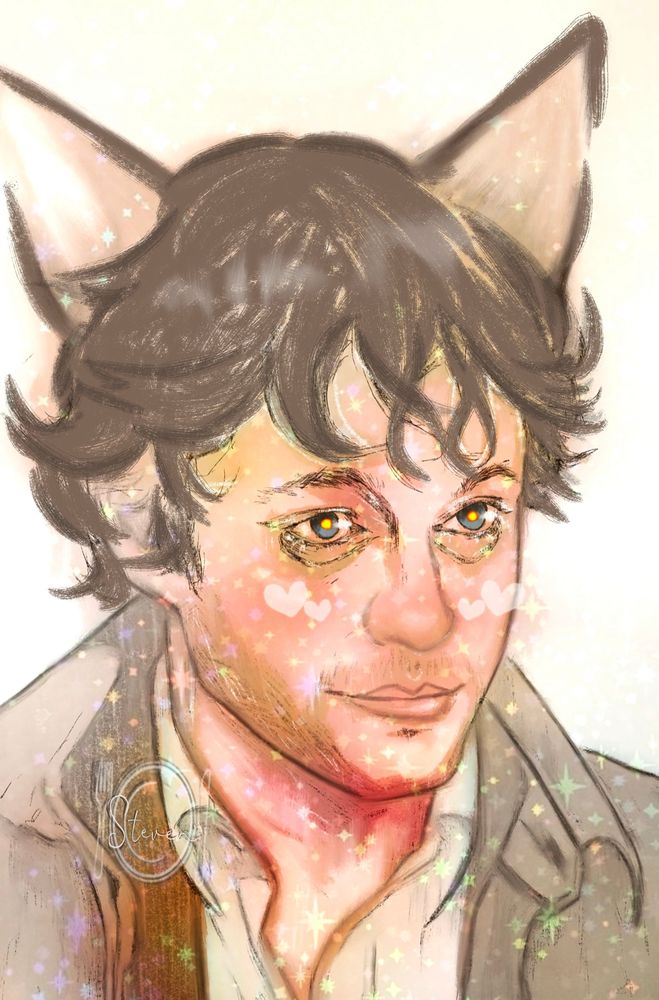 sketch of Will Graham with fluffy cat ears, warm amber eyes, and a gentle smile. His cheeks are dusted with blush and sparkles, framed by glowing hearts and pastel stardust.✨
